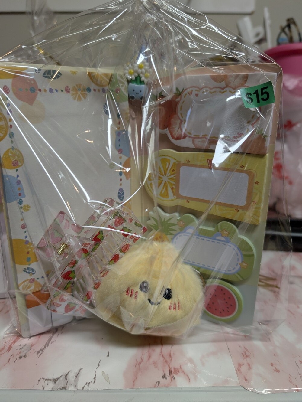 Cute Yellow Plush Charm & Fruit Sticky Notes Set